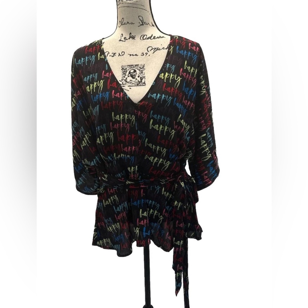 New York & Company Black V-Neck Top with Multicolor 'happy' Script